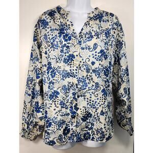 Jessica Simpson Boho Floral Paisley Blouse 2X Cottagecore Blue White